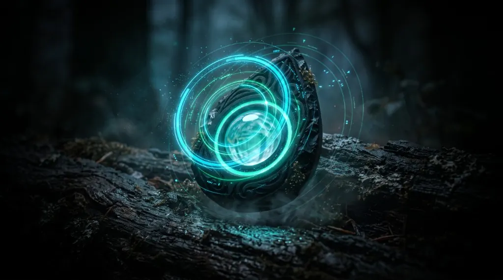 The same carved talisman, mint, locked, then splitting into cyan rings.